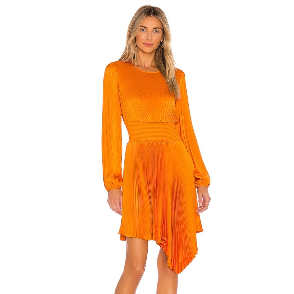 NWT A.L.C Behati Mini Dress Orange Pleated Satin Gabriella - Size 8